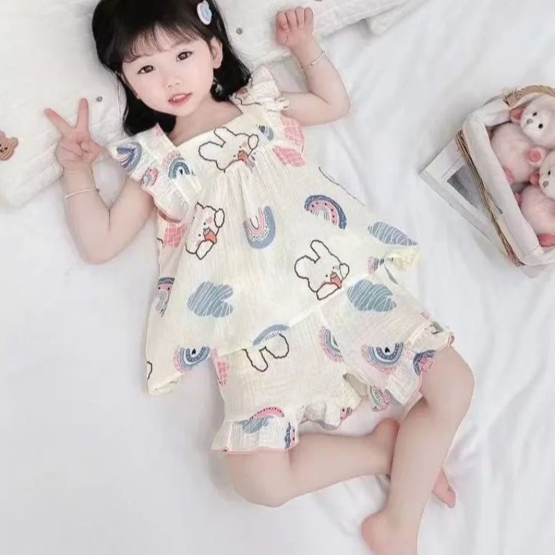 Summer Lightweight Cartoon Cherry Bear Pajamas Set Tank Top and Shorts for Women Girls Kids Baby Loungewear