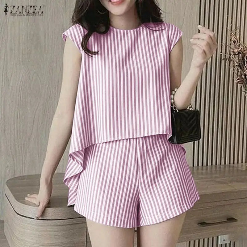 ZANZEA Women's Striped Short Sets Sleeveless High-Low Tops & Elastic Waist Shorts 2 Piece Suits Summer Casual Day Wear Outfits