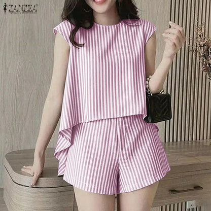 ZANZEA Women's Striped Short Sets Sleeveless High-Low Tops & Elastic Waist Shorts 2 Piece Suits Summer Casual Day Wear Outfits