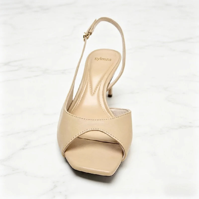 Nude Soft Leather Pu Heeled Sandals Women Fashion Asymmetric Design Style Slingback High Heels for Ladies Elegant Women Shoes
