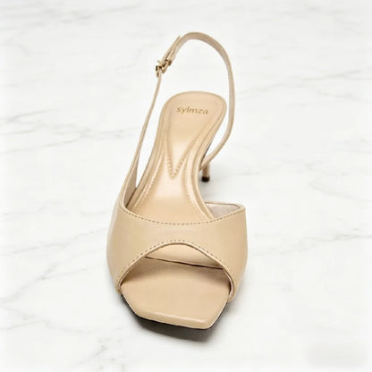 Nude Soft Leather Pu Heeled Sandals Women Fashion Asymmetric Design Style Slingback High Heels for Ladies Elegant Women Shoes
