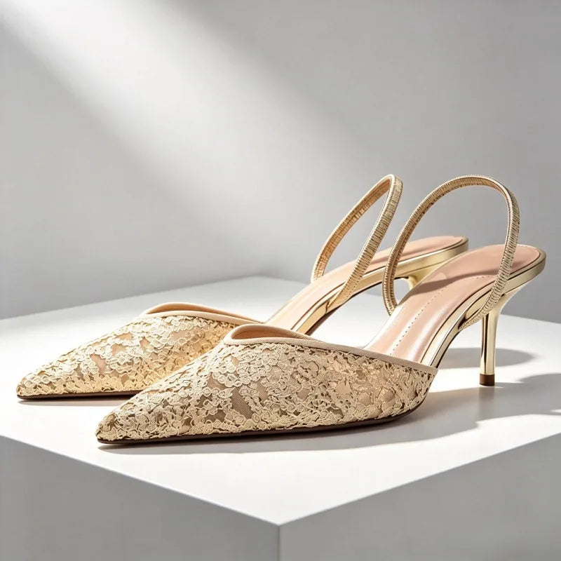 Gold Mesh Embroidered Floral Design Mules Sandals Women Sexy Pointed-Toe Back Strap High Heels for Ladies Elegant Party Shoes