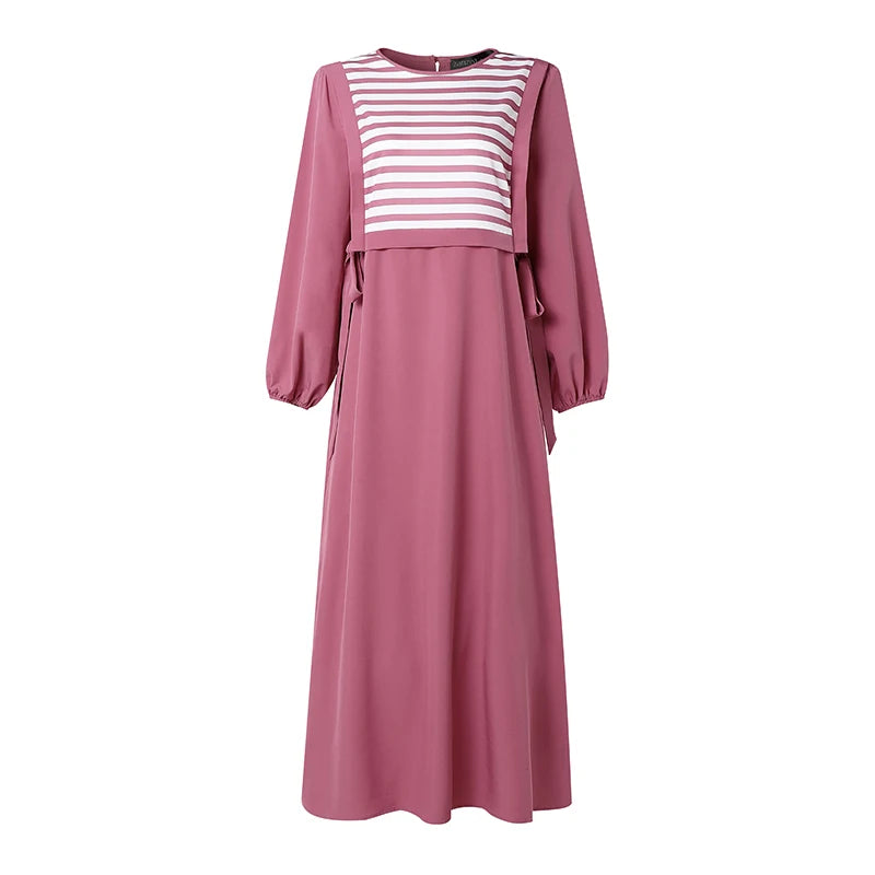 ZANZEA Stylish Women Striped Patchwork Muslim Dress Abaya Elegant Maxi Long Dress Dubai Robe Kaftan O Neck Long Sleeve Sundress