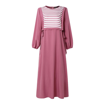 ZANZEA Stylish Women Striped Patchwork Muslim Dress Abaya Elegant Maxi Long Dress Dubai Robe Kaftan O Neck Long Sleeve Sundress