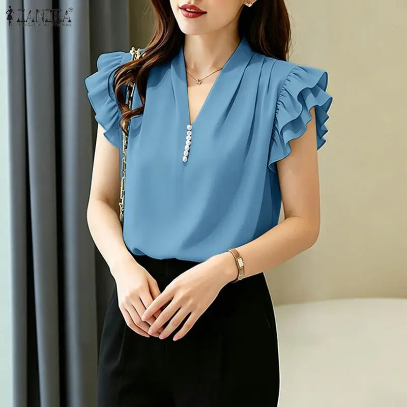 ZANZEA Women Sophisticated Elegant Flying Sleeves Blouses V-Neck Pearls Detail Solid Color Tops Summer Pleated Blusas de Mujer