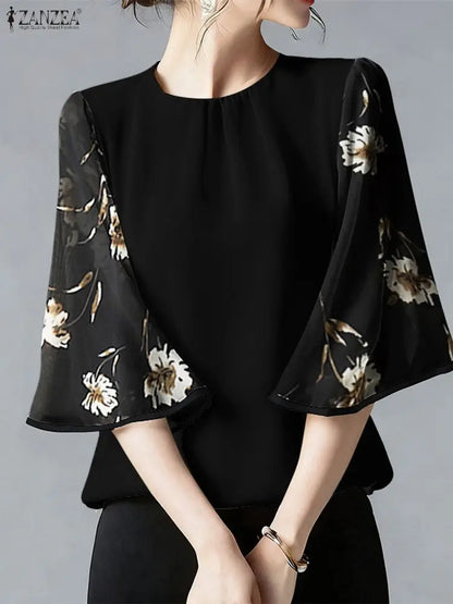 ZANZEA Elegant Women's Blouses Fashion O-Neck Floral Chiffon Sleeve Patchwork Loose Tops 2026 Spring Summer Woman Clothes S-3XL