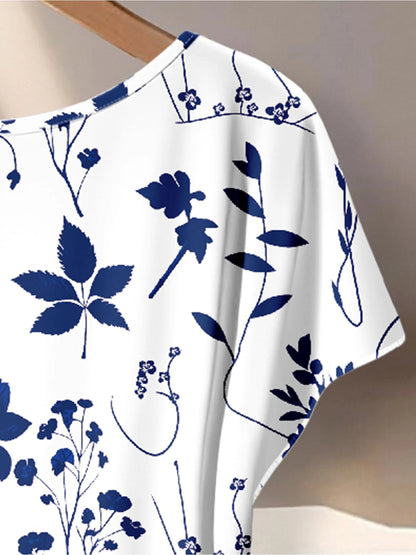 Summer Comfortable and Casual Women's Plus Size White Plant Pattern Twisted Top, Navy Blue Wide Leg Pants Set, Two-Piece Set