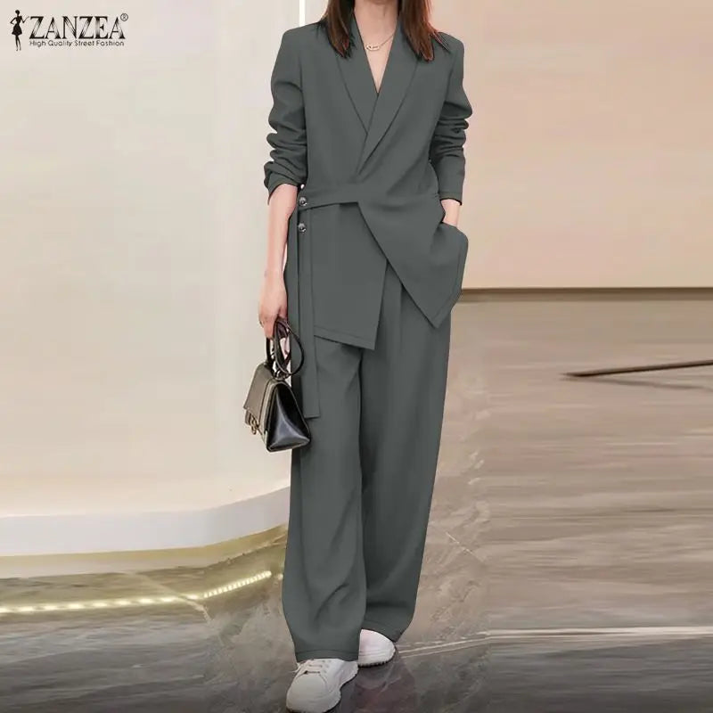ZANZEA Spring Fashion 2 Piece Sets 2026 Women Office Outfits Long Sleeve Blazer Tops Pant Sets Solid OL Tracksuit Matching Sets