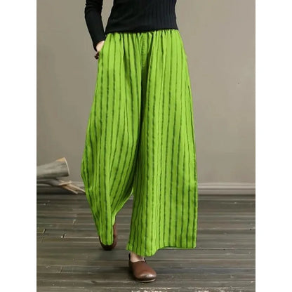 Plus Size 1XL-5XL Women Summer Pants Women'S Striped Wide Legs Show A Slimming ﻿