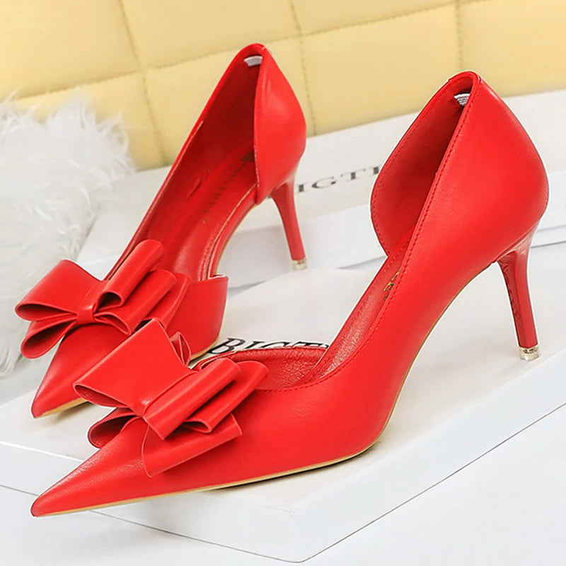 Plus Size 43 Women Classic Pumps High Heels Bowknot Women Pumps Stiletto 7.5 Cm 10 Cm Heels Women Basic Pump Party Shoes Ladies