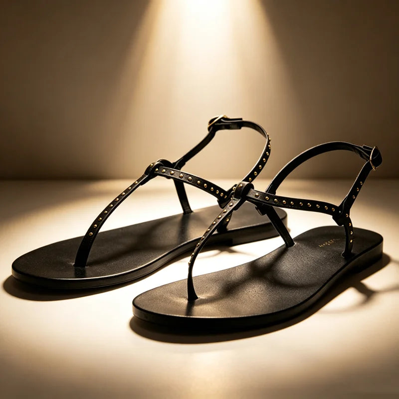 Concise Style Rivet Detail Flat Sandals Women Comfortable Ankle-Strap Buckle Clip Toe Sandals Summer Luxury Designer Beach Shoes