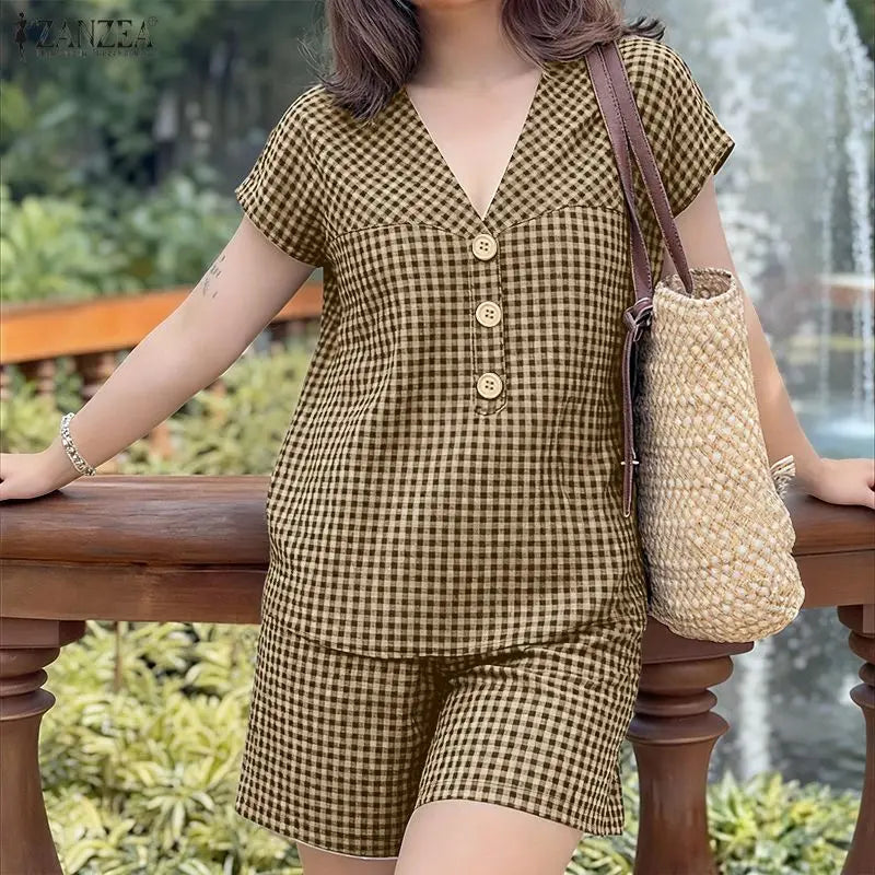 2026 Fashion Summer 2 Pieces Sets ZANZEA Plaid Tracksuit Women V Neck Short Sleeve Blouse Short Sets Casual Holiday Work Outfits