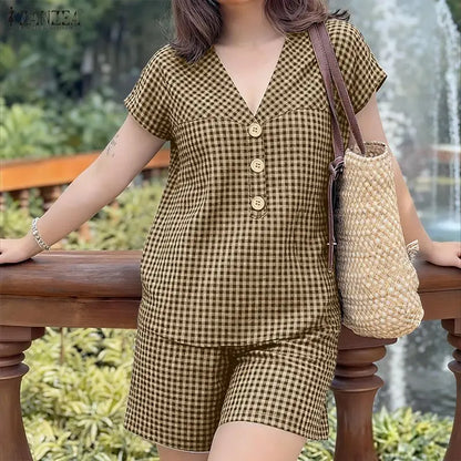 2026 Fashion Summer 2 Pieces Sets ZANZEA Plaid Tracksuit Women V Neck Short Sleeve Blouse Short Sets Casual Holiday Work Outfits