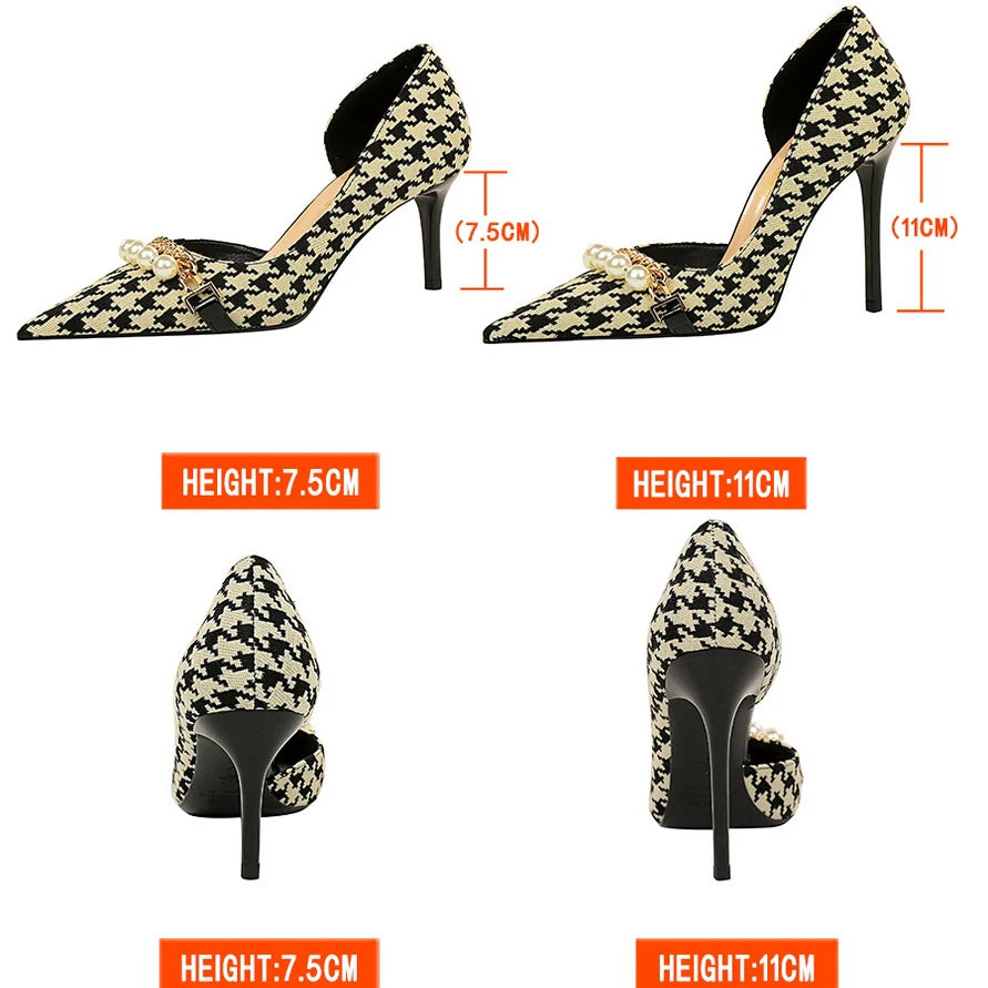 BIGTREE Shoes 2026 Spring Women Pumps Pearl Metal Chain High-heels Checked Grain Stilettos Women Heels Luxury Banquet Shoes 43