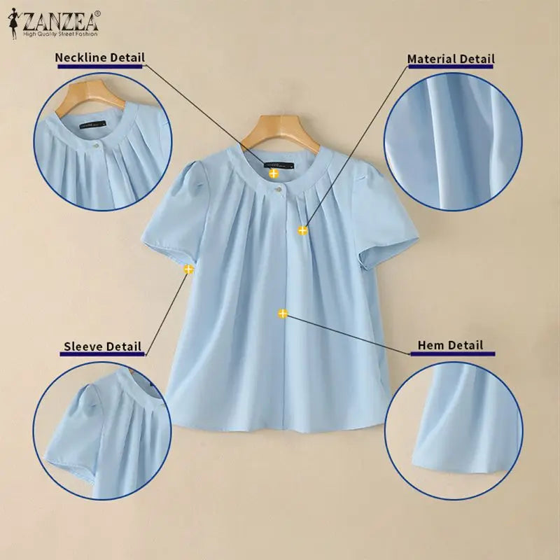 ZANZEA Women Summer Blouse Fashion Short Sleeve Tunic Tops Pleated Casual Office O-Neck Tee Streetwear Blusas Oversize Tunic