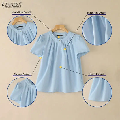 ZANZEA Women Summer Blouse Fashion Short Sleeve Tunic Tops Pleated Casual Office O-Neck Tee Streetwear Blusas Oversize Tunic