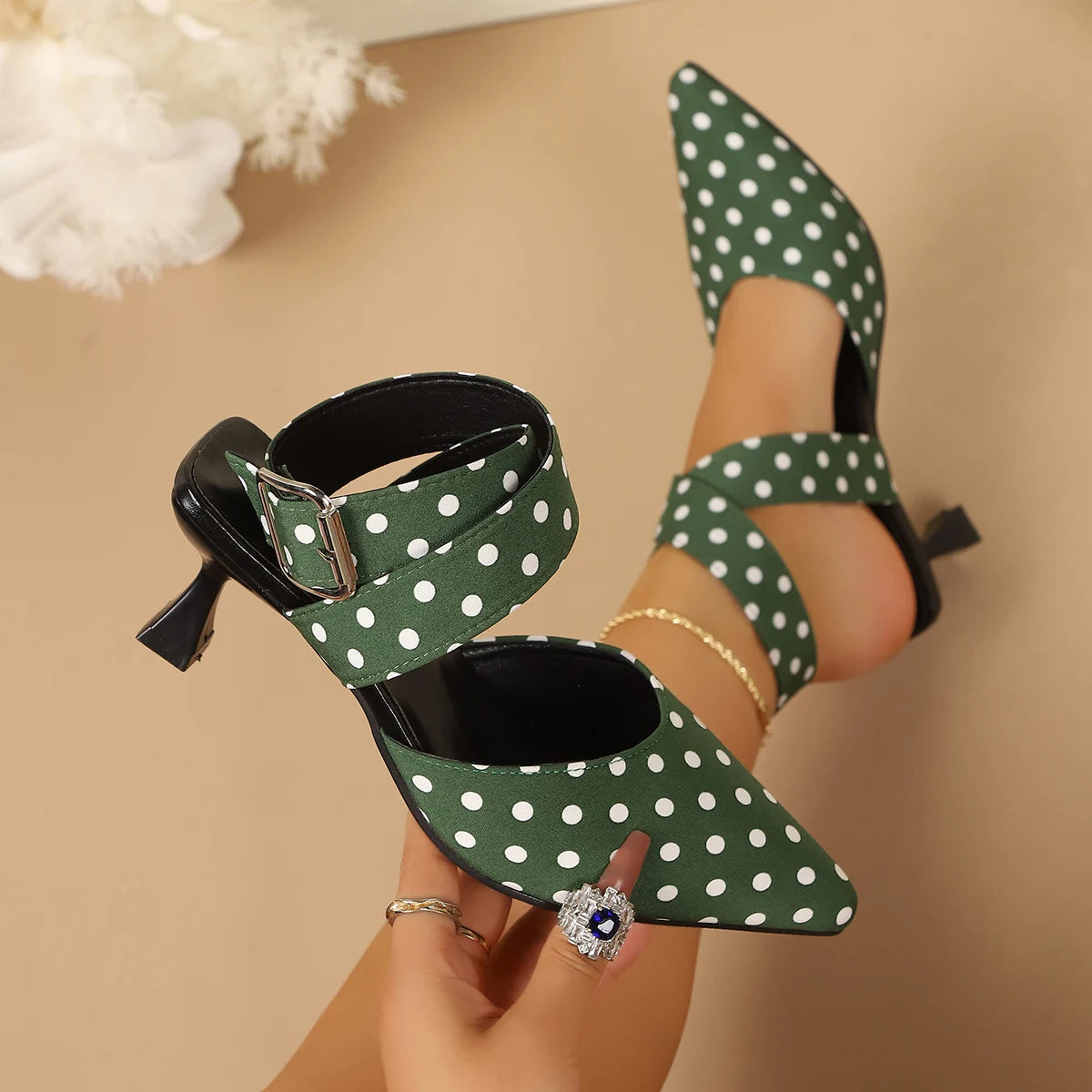 Ladies Cross-Band High Heels Sandals Thin Heel Summer New Polka Dot Slip-On Buckle Strap Elegant Footwear for Women
