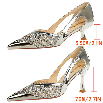 BIGTREE Shoes Weaving Design Women Pumps Hollow Out Stiletto High Heels 7 cm 5.5 cm Metal Pointed Tip Kitten Heels Ladies Shoes