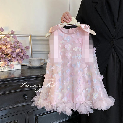 Girls' New Summer Sleeveless Sweet Peach Pink Colorful Three-Dimensional Butterfly Mesh Dress