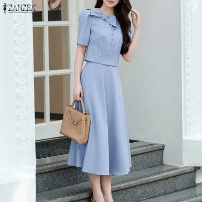 2026 ZANZEA Summer Outfits Elegant Women OL Work Dress Sets Short Sleeve Cropped Shirt A Line Skirt Suit Office 2 Pieces Sets