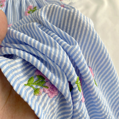 Girl Casual Dress New Fashion Flower Embroidered Striped Flying Sleeve Dress Girls Sweete Vestidos Kids Clothes