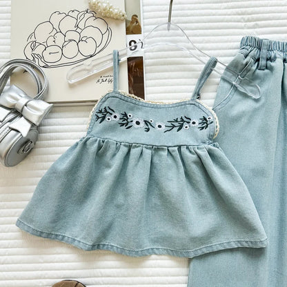 Girls' New Sleeveless Denim Vintage Embroidered Denim Suspender Wide-Leg Pants Two-Piece Set