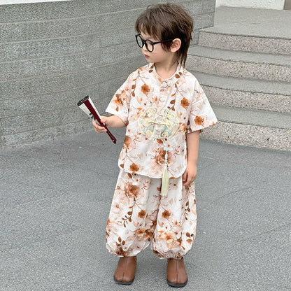Short Sleeve Tops Shorts 2 Piece Set Boy Outfit Casual Kids Clothes Baby Tang Hanfu Suit Boys Costume Children's Sets Summer