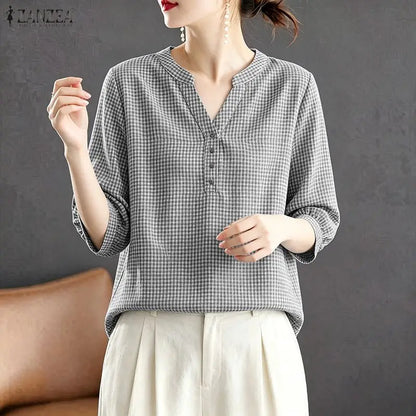 ZANZEA Woman Casual Gingham Blouses V-Neck Half-Button 3/4 Sleeve Plaid Loose Tops 2026 Summer Daily Wear Blusas Mujer 3XL