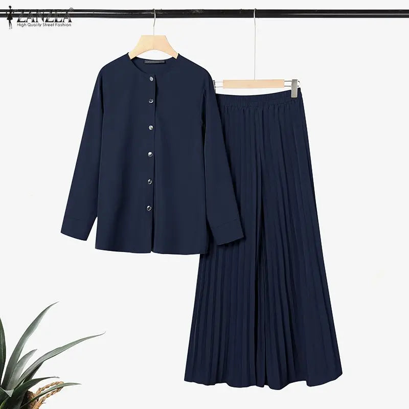 ZANZEA Women Muslim 2 Pieces Sets Casual O Neck Long Sleeve Buttons Up Blouse Wide Leg Pleated Pants Sets Ramadan Hijab Outfits