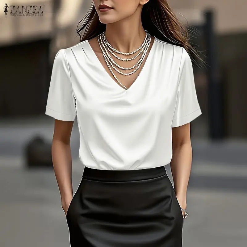 ZANZEA Women's Elegant Chic Satin Silk Blouses V-Neck Short Sleeve Pleated Detail Pullover Tops Minimalist Solid Blusas de Mujer