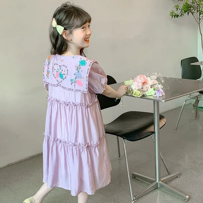 Princess Dress with Puff Sleeves Children Kids Dresses for Girls Summer Suit Girl Fashion Clothes 8 10 Years 12 14 Old Pink Sets