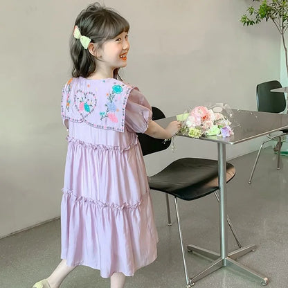 Princess Dress with Puff Sleeves Children Kids Dresses for Girls Summer Suit Girl Fashion Clothes 8 10 Years 12 14 Old Pink Sets
