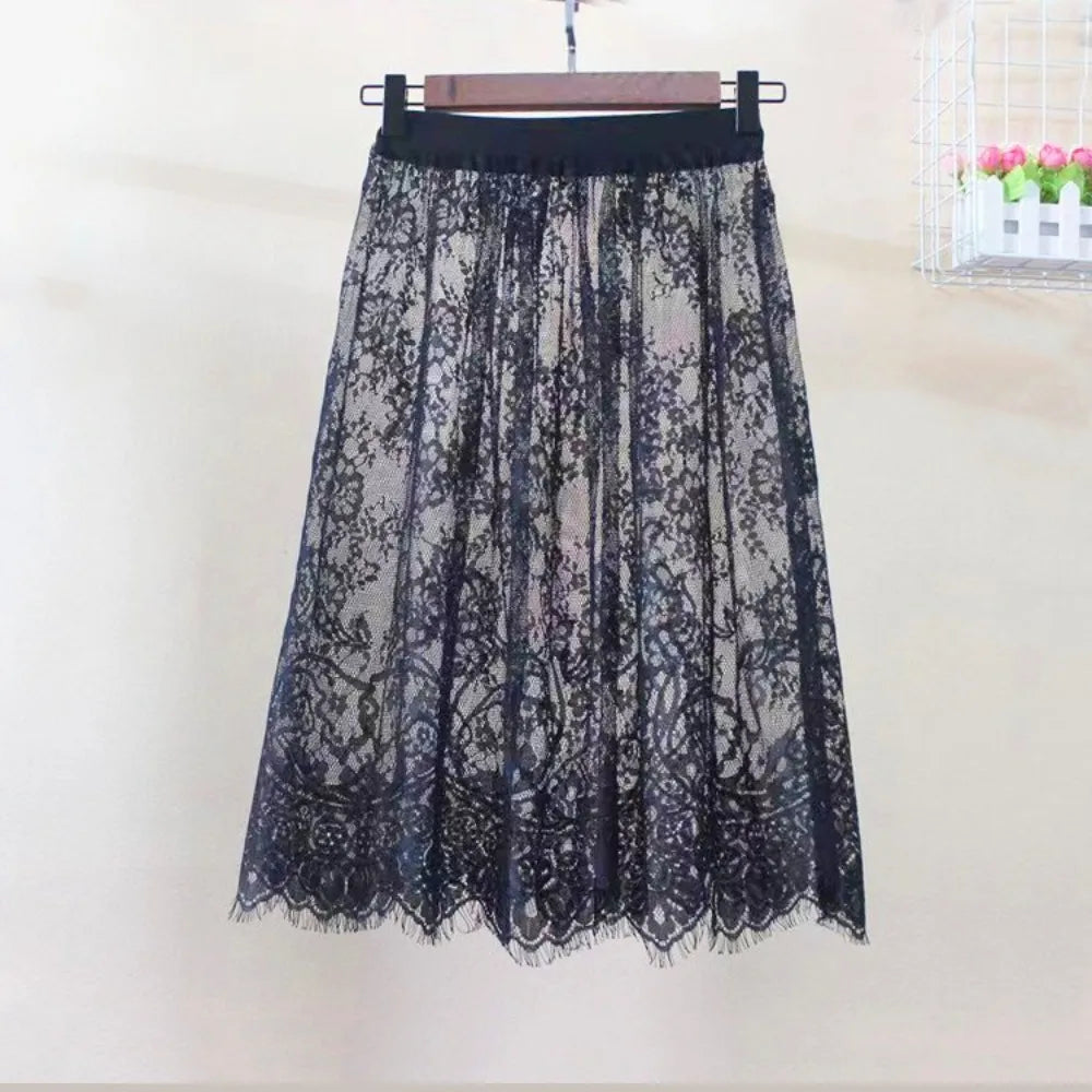 Fashion Transparent Sexy Lace Mesh Skirt Elegant Lace Long Tulle Skirt Ladies Elastic High Waist Womens Skirt Ladies