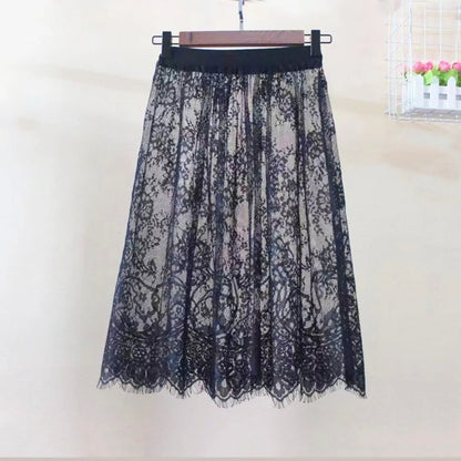 Fashion Transparent Sexy Lace Mesh Skirt Elegant Lace Long Tulle Skirt Ladies Elastic High Waist Womens Skirt Ladies