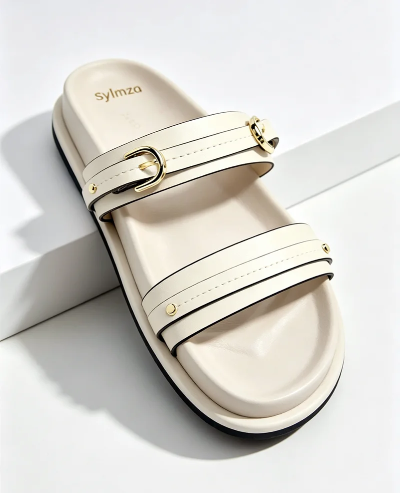 Designer Metal Buckle White Flat Sandals Women Summer Comfortable Non-slip Slide Sandals Soft Bottom Flip-flops Beach Slippers