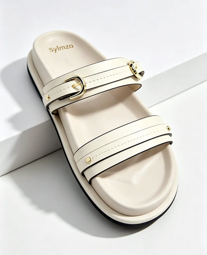 Designer Metal Buckle White Flat Sandals Women Summer Comfortable Non-slip Slide Sandals Soft Bottom Flip-flops Beach Slippers