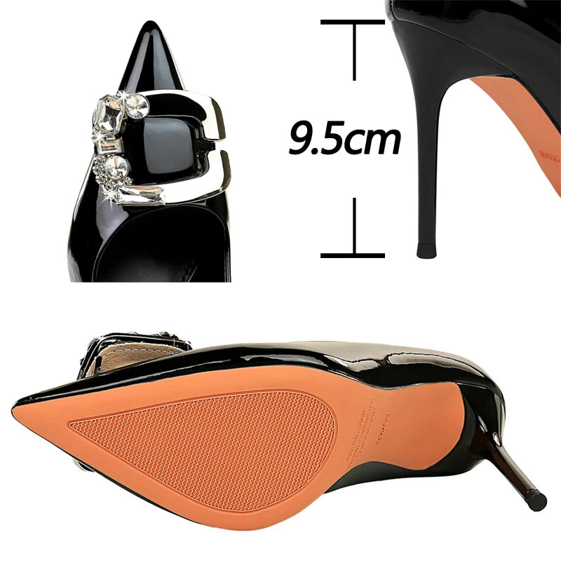 BIGTREE Shoes Metal Rhinestone Belt Buckle Women Pumps Patent Leather High Heels Luxury Banquet Shoes Sexy Party Shoes Women