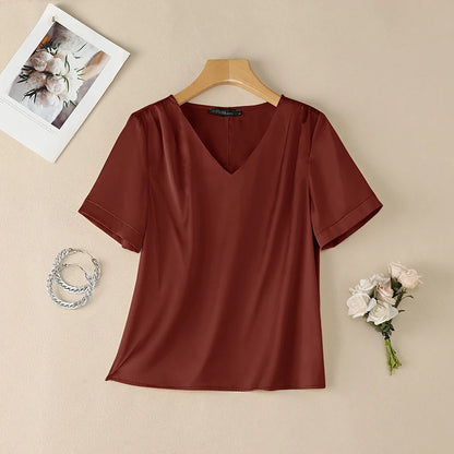 ZANZEA Women's Elegant Chic Satin Silk Blouses V-Neck Short Sleeve Pleated Detail Pullover Tops Minimalist Solid Blusas de Mujer