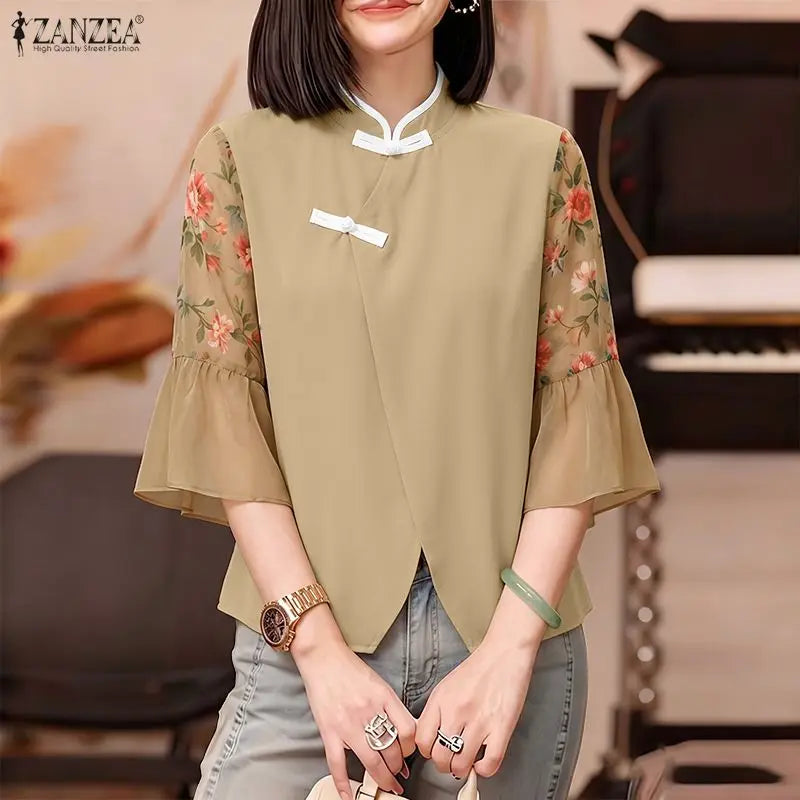 ZANZEA Chinese Style Woman Floral Chiffon Patchwork Sleeves Blouses Mandarin Collar Vintage Tops Summer Elegant Daily Wear Blusa