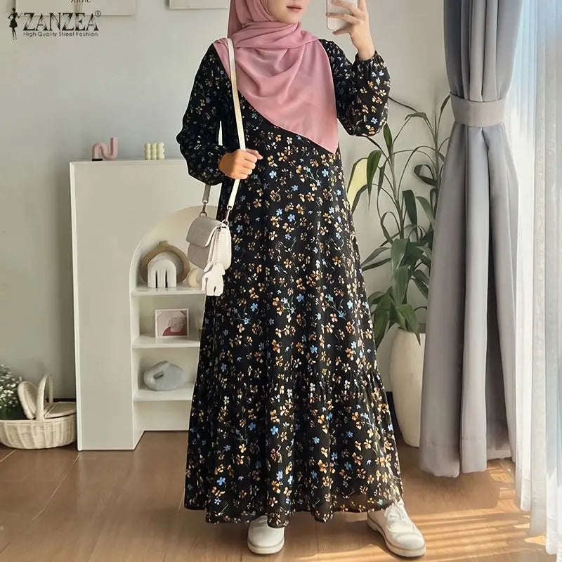 Women Bohemain Printed Maxi Dress ZANZEA Elegant Muslim Abaya Casual Long Sleeve Floral Sundress Kaftan Robe Femme Hijab Vestido