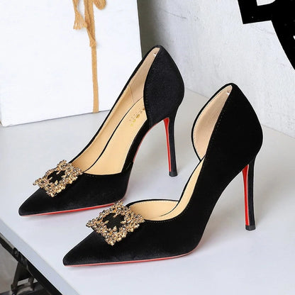 BIGTREE Shoes Rhinestone Women Pumps Metal Square Buckle High Heels Suede Side Empty Ladies Shoes Stiletto Heels 10 cm 7.5 cm