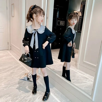 2025 New Girls' Plus Size Korean Style Stylish Long Sleeve Peter Pan Collar Cute Princess Dresses for 4-12 Years Old