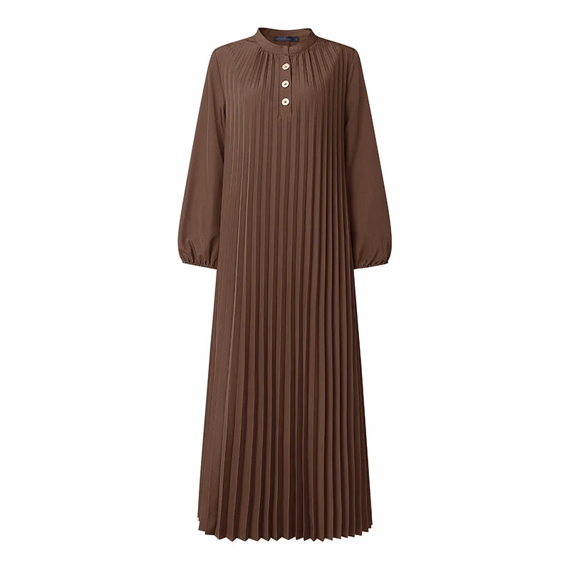 Fashion Muslim Abaya Dress ZANZEA Elegant Women Stand Neck Long Sleeve Pleated Sundress IsIamic Dubai Robe Casual Kaftan Ramadan