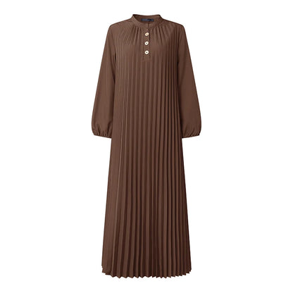 Fashion Muslim Abaya Dress ZANZEA Elegant Women Stand Neck Long Sleeve Pleated Sundress IsIamic Dubai Robe Casual Kaftan Ramadan