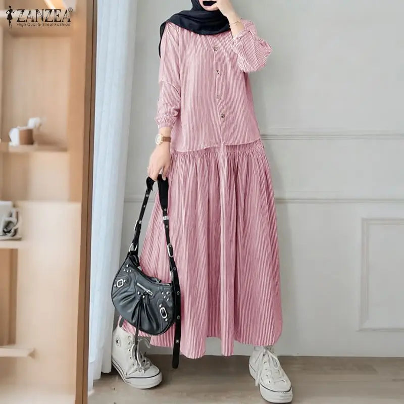 ZANZEA Women's Loose Striped Skirt Suits Long Sleeve Shirt & A-Line Long Skirt 2 Pieces Sets Female Muslim Fashion Casual Outfit