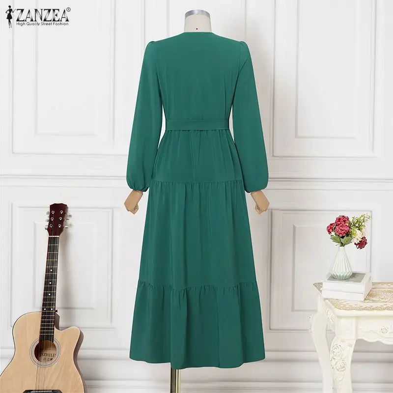 ZANZEA Women Autumn O Neck Long Sleeve Pleated Sundress Elegant Muslim Abaya Dress Maxi Robe Casual Kaftan Stylish Party Dress