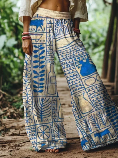 Fashionable Wife's Trendy Bohemian Style Blue Geometric Hand-Painted Print Wide-Leg Pants, High-Waisted Stretch Pants, Summer Beach Vacation Outdoor Casual Pants