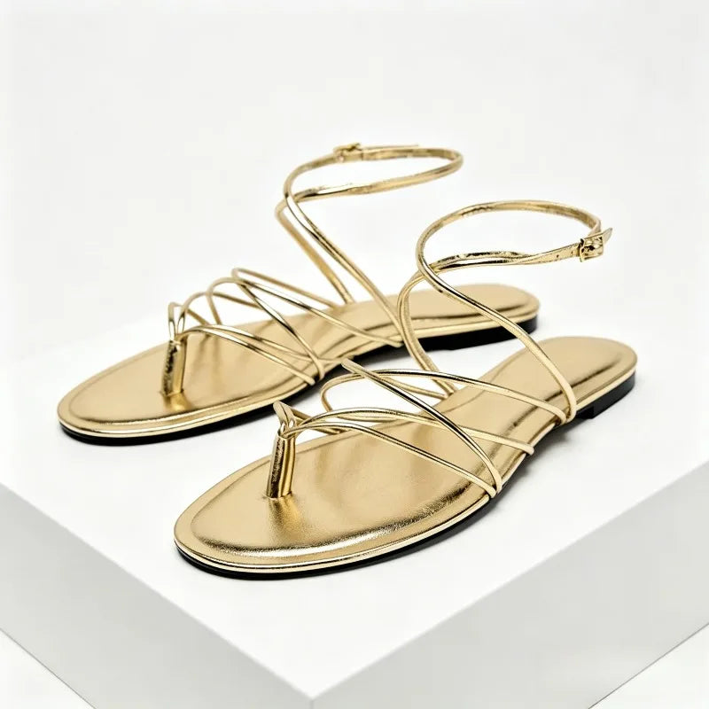 Gold Narrow Strap Cross Strap Design Flat Sandals Women Summer Sexy Women's Flip Flops Elegant Ankle Strap Dress Shoes Sandalias