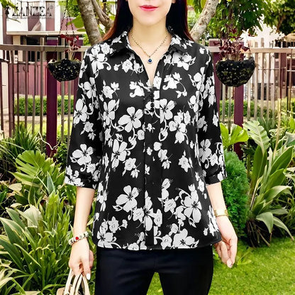 ZANZEA Women's Floral Print Blouses Turn-Down Collar 3/4 Sleeve Loose Pullover Tops Spring Summer Daily Casual Blusas de Mujer