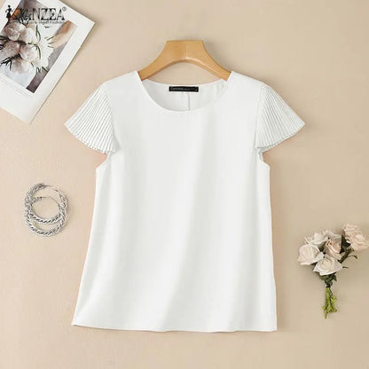 ZANZEA Woman Daily Casual Blouses Pleated Cap Sleeves Round Neck Solid Color Regular Fit Tops 2026 Summer Commute Work Blusas